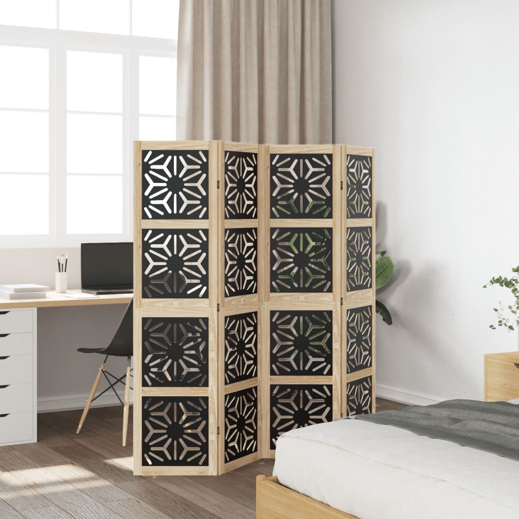 4-Panel Solid Wood Room Divider, Brown & Black Paulownia