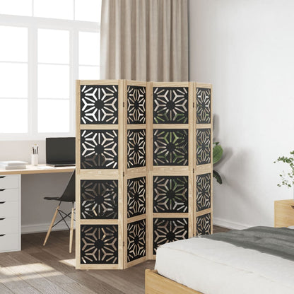 4-Panel Solid Wood Room Divider, Brown & Black Paulownia