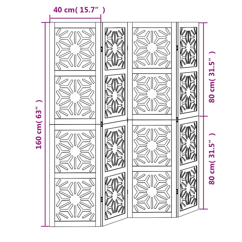 4-Panel Solid Wood Room Divider, Brown & Black Paulownia