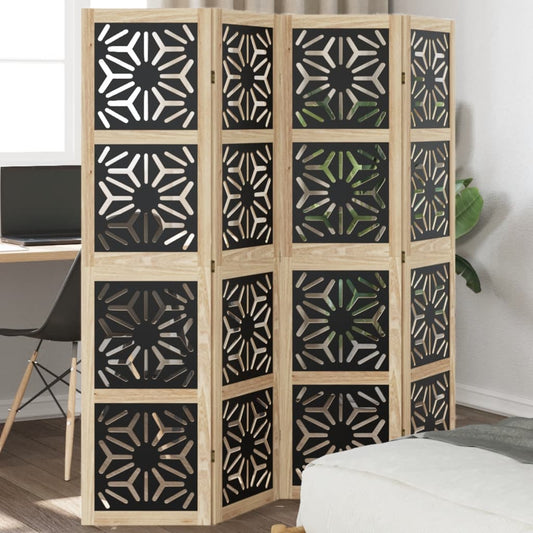 4-Panel Solid Wood Room Divider, Brown & Black Paulownia
