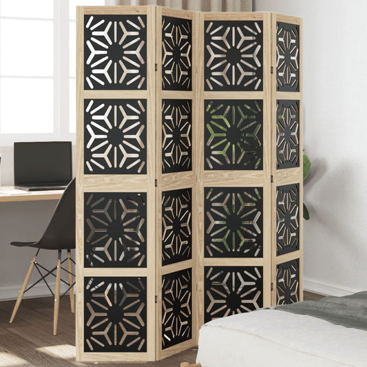4-Panel Room Divider, Brown & Black Solid Wood Paulownia
