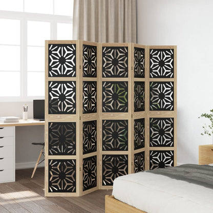 5-Panel Room Divider in Brown & Black Solid Paulownia Wood