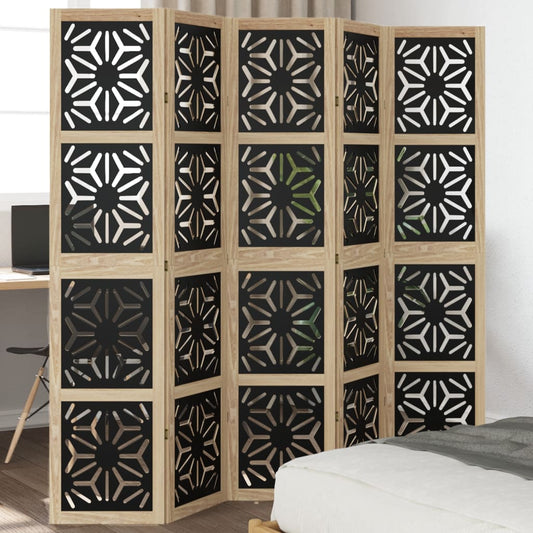 5-Panel Room Divider in Brown & Black Solid Paulownia Wood