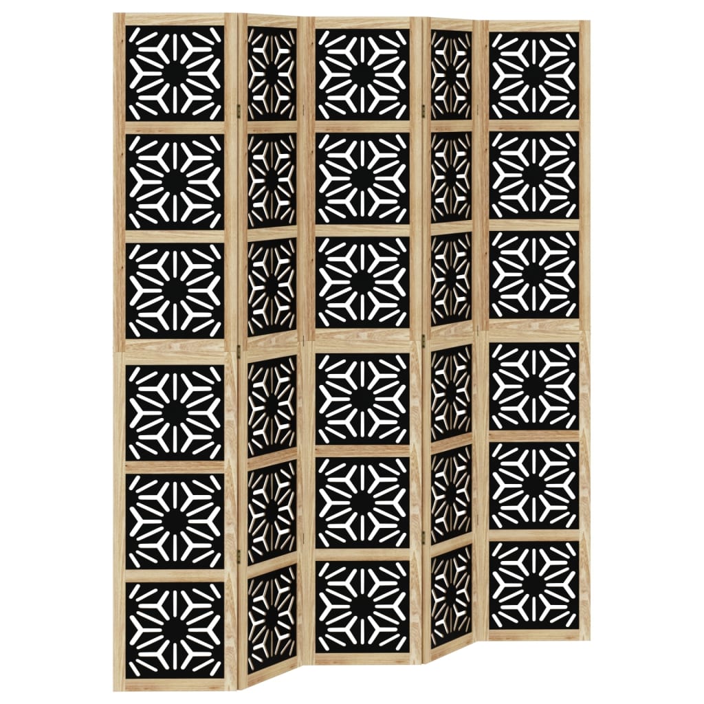 5-Panel Brown & Black Solid Wood Paulownia Room Divider