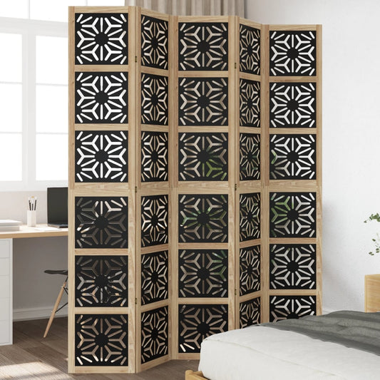 5-Panel Brown & Black Solid Wood Paulownia Room Divider