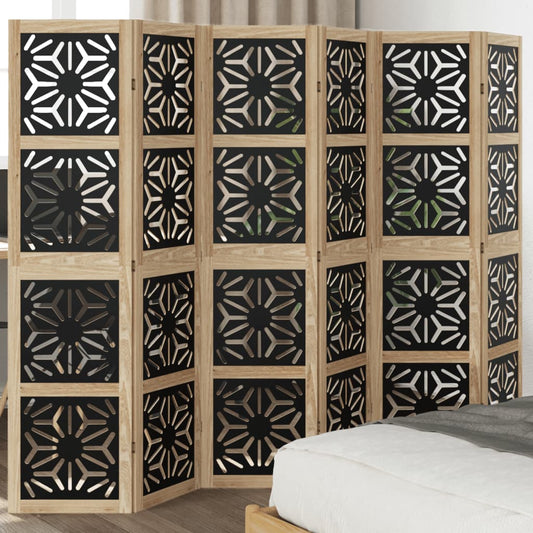 6-Panel Room Divider, Solid Paulownia Wood, Brown & Black