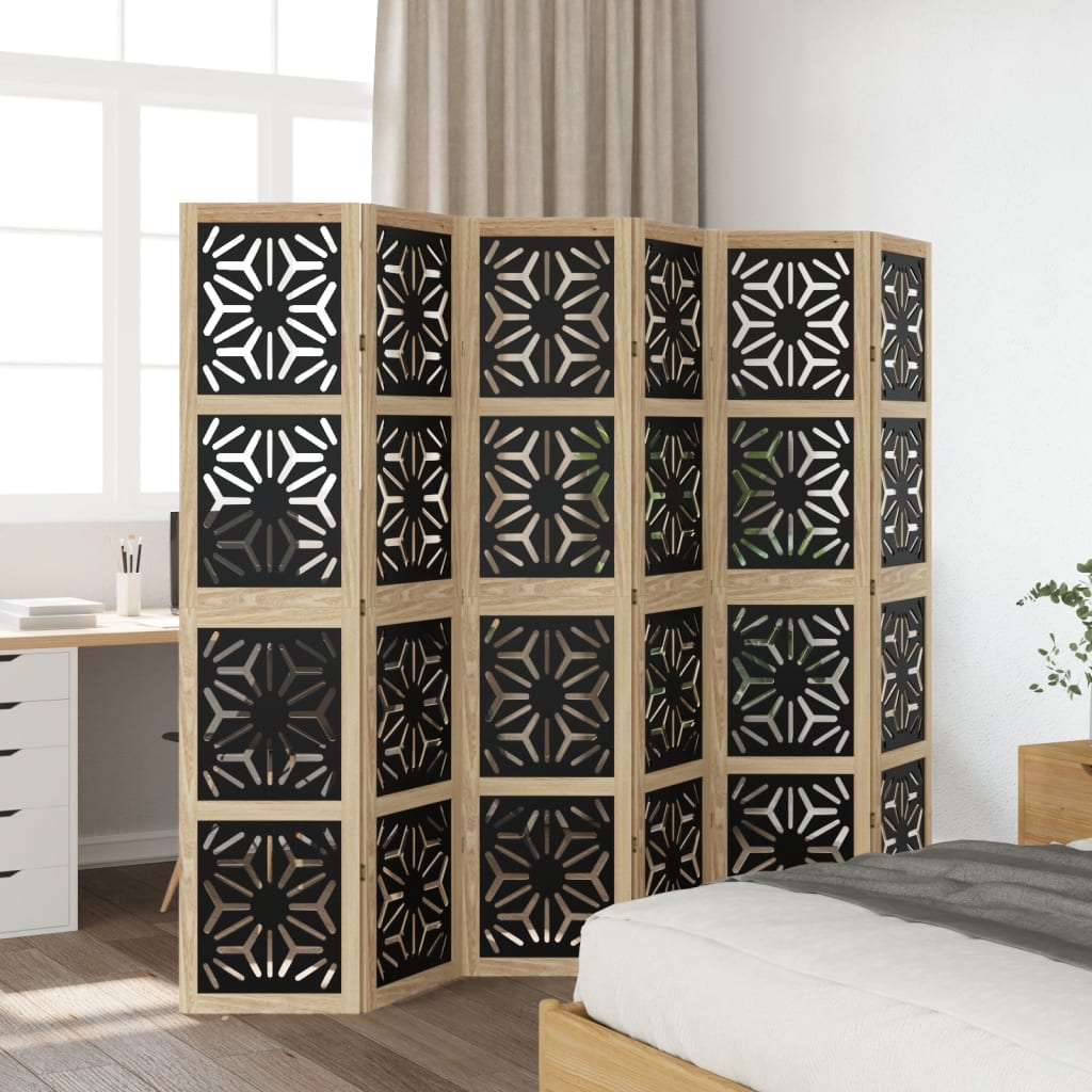 Elegant 6-Panel Room Divider in Brown & Black Solid Paulownia Wood