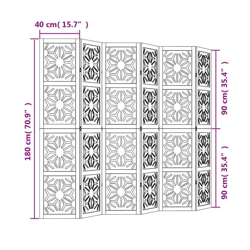 Elegant 6-Panel Room Divider in Brown & Black Solid Paulownia Wood