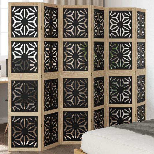 Elegant 6-Panel Room Divider in Brown & Black Solid Paulownia Wood