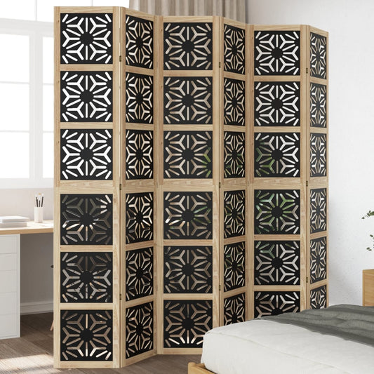 6-Panel Brown & Black Solid Wood Room Divider - Paulownia