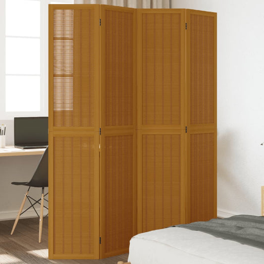 4-Panel Room Divider in Brown Solid Wood (Paulownia)