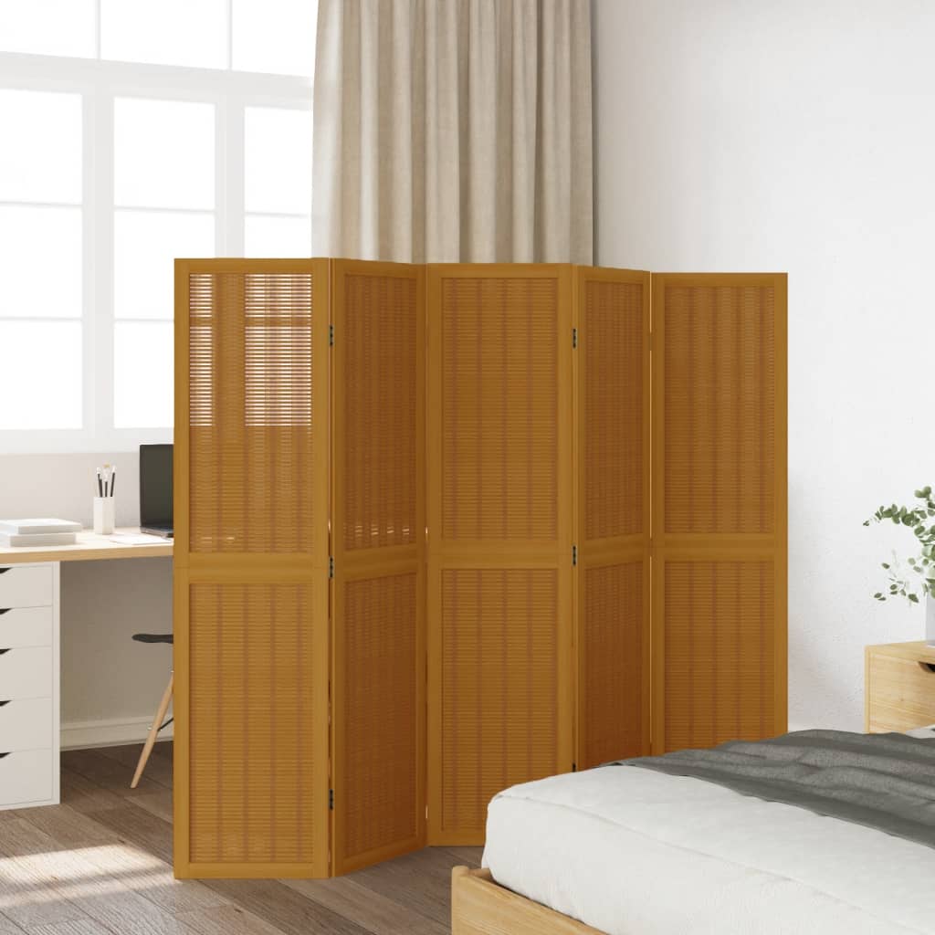 Brown 5-Panel Room Divider in Solid Wood Paulownia