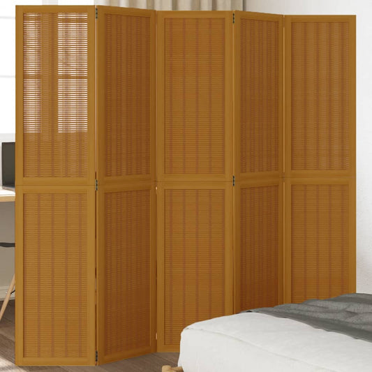 5-Panel Room Divider in Brown Solid Paulownia Wood