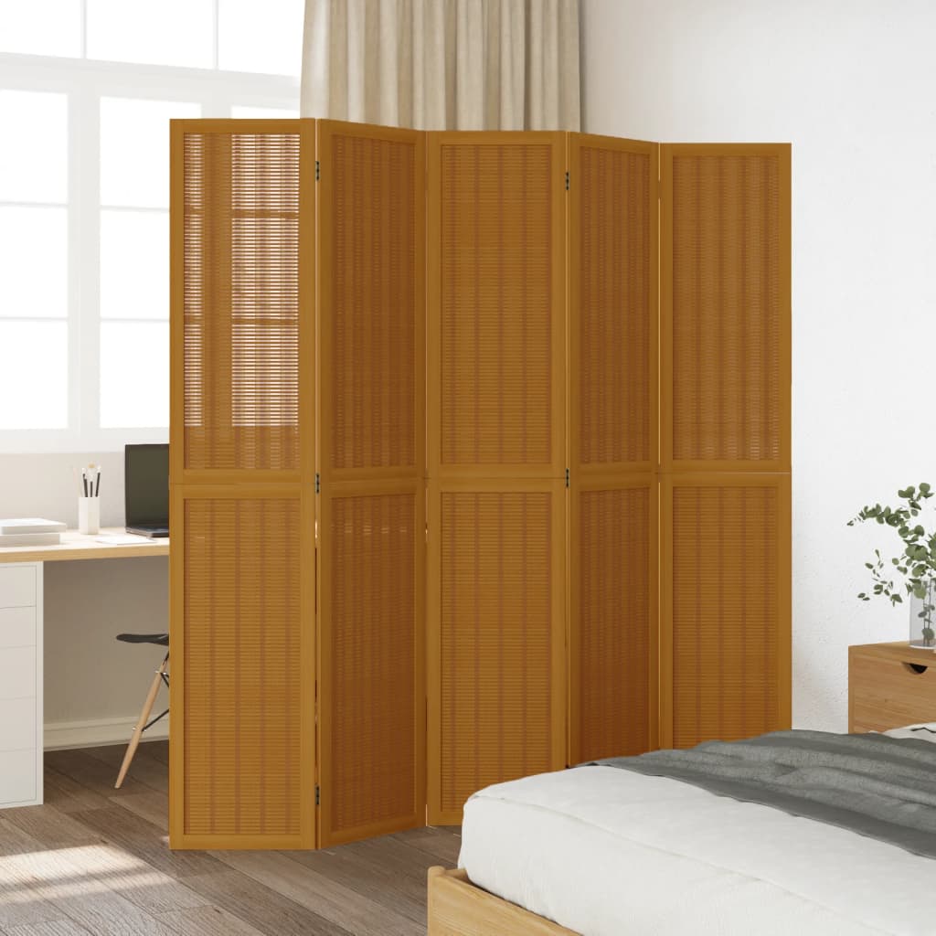 5-Panel Room Divider, Solid Brown Paulownia Wood
