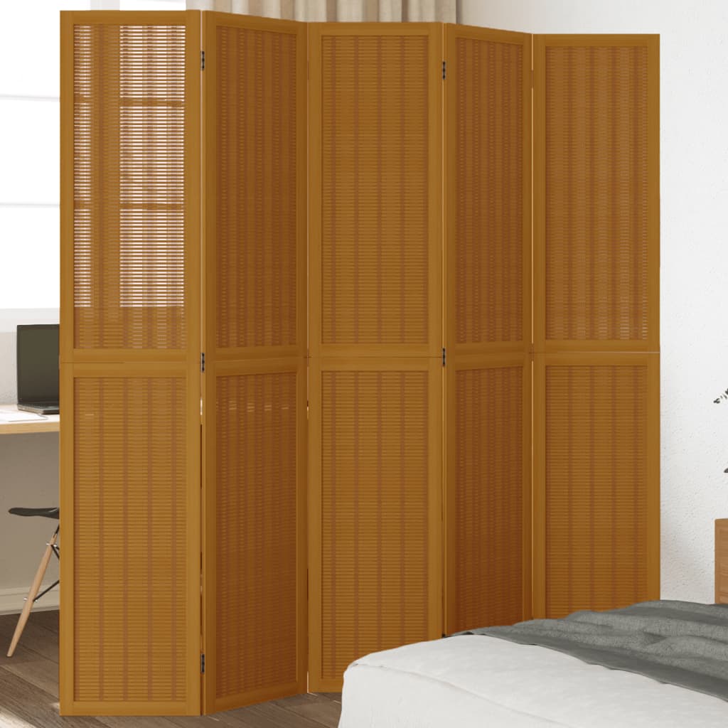 5-Panel Room Divider, Solid Brown Paulownia Wood