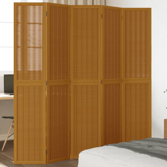 5-Panel Room Divider, Solid Brown Paulownia Wood