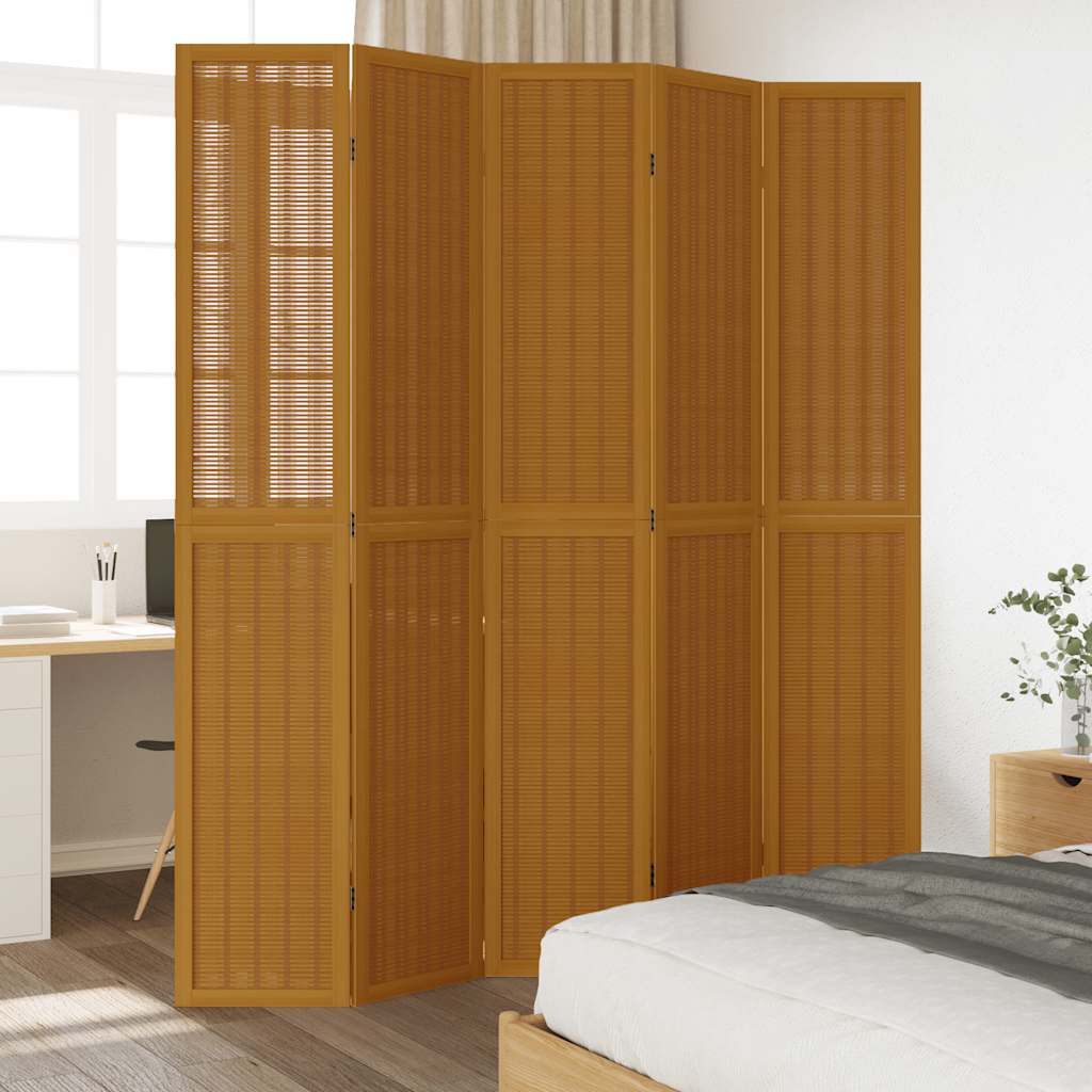 5-Panel Room Divider in Brown Solid Wood Paulownia