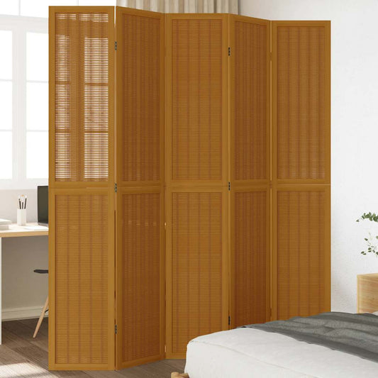 5-Panel Room Divider in Brown Solid Wood Paulownia