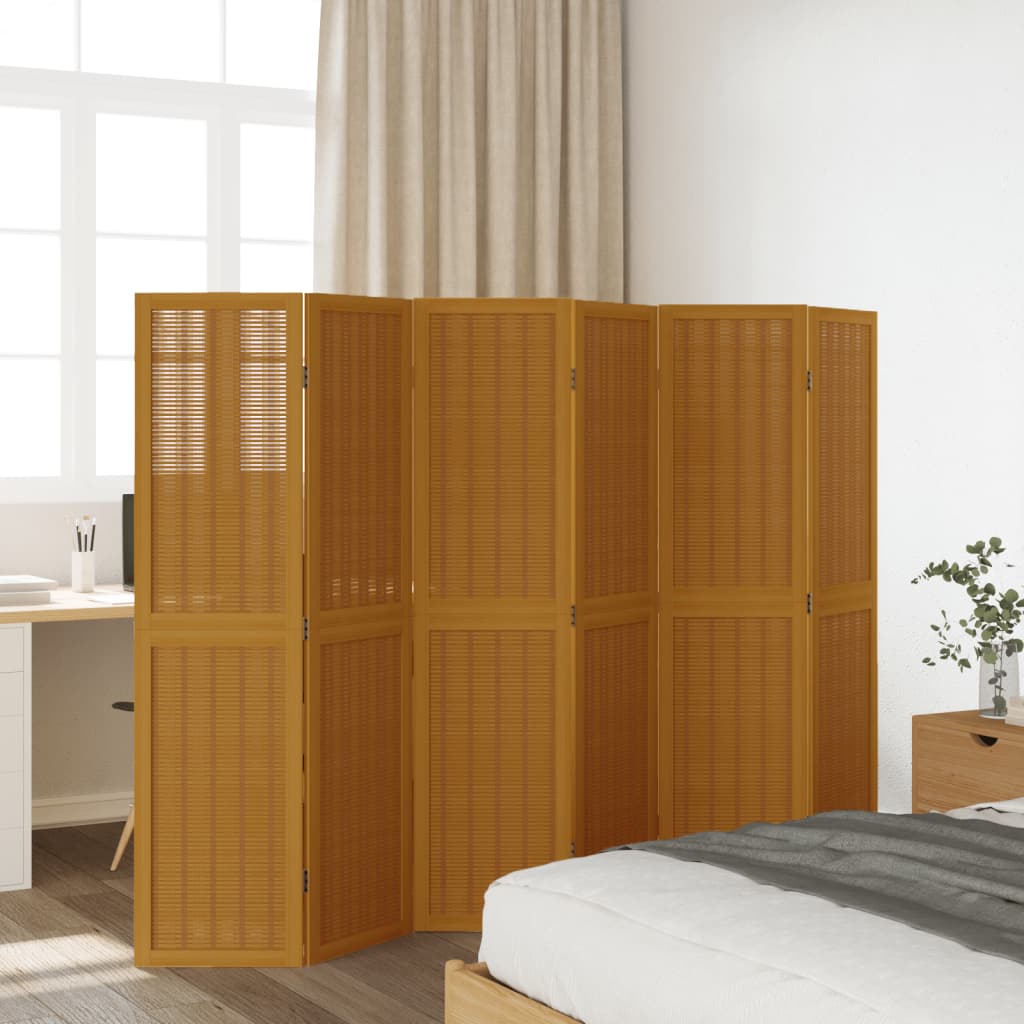 6-Panel Brown Solid Wood Room Divider - Paulownia
