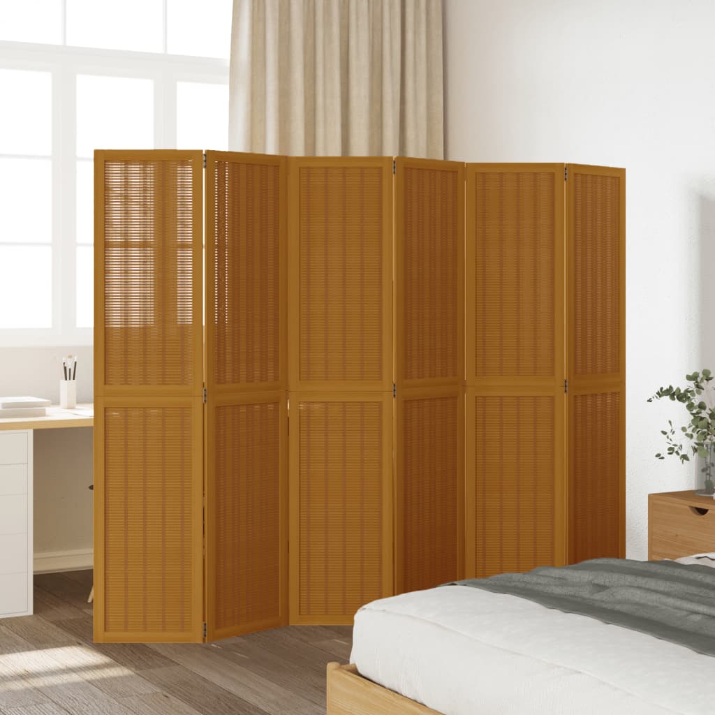 6-Panel Room Divider, Brown Solid Wood Paulownia Partition