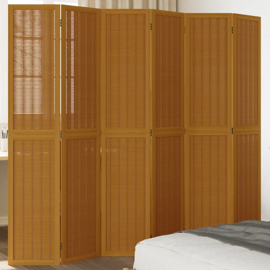 6-Panel Brown Room Divider - Solid Wood Paulownia Partition