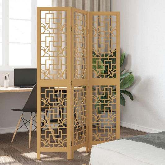 Brown Solid Wood 3-Panel Room Divider - Paulownia Finish