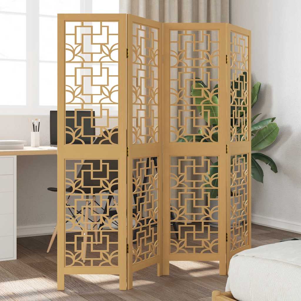 Brown Solid Wood Room Divider - 4 Panel Paulownia Privacy Screen