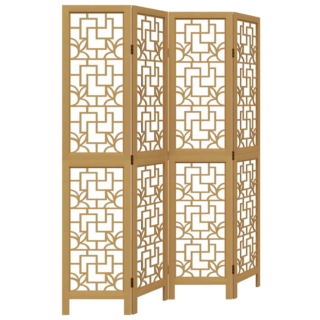 Brown Solid Wood 4-Panel Room Divider - Elegant Paulownia Design