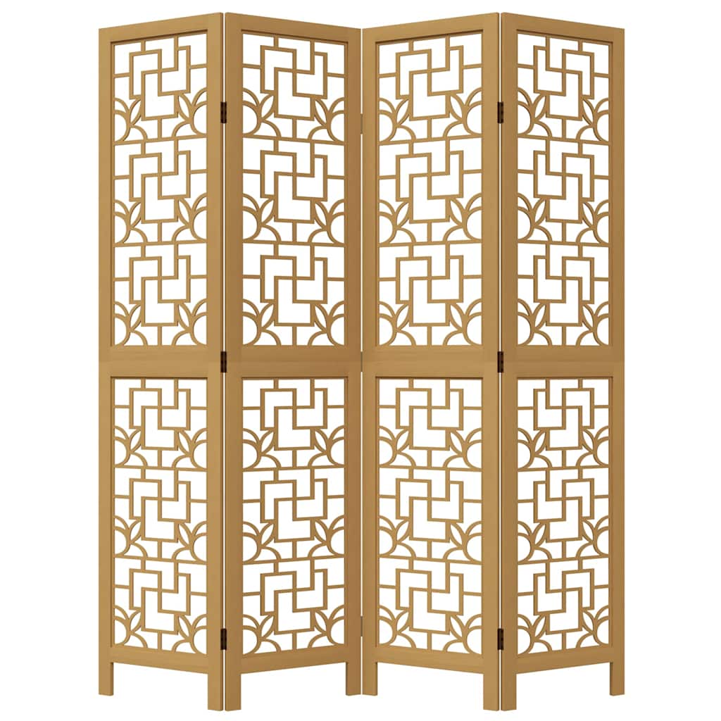 Brown Solid Wood 4-Panel Room Divider - Elegant Paulownia Design