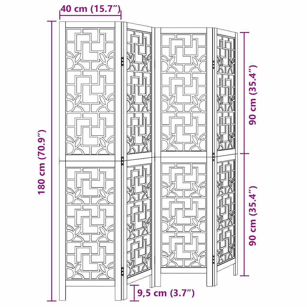 Brown Solid Wood 4-Panel Room Divider - Elegant Paulownia Design