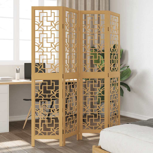 Brown Solid Wood 4-Panel Room Divider - Elegant Paulownia Design