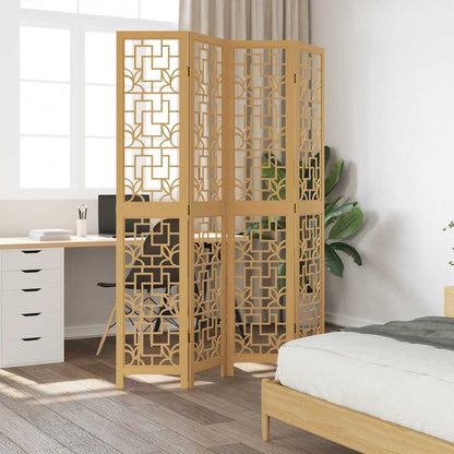 Brown Solid Wood 4-Panel Room Divider - Paulownia Elegance