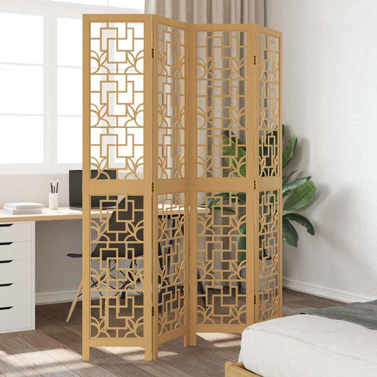 Brown Solid Wood 4-Panel Room Divider - Paulownia Elegance