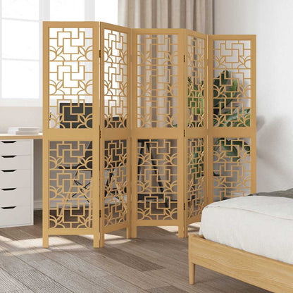 Brown Solid Wood 5-Panel Room Divider - Paulownia Design