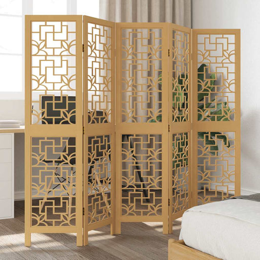 Brown Solid Wood 5-Panel Room Divider - Paulownia Design