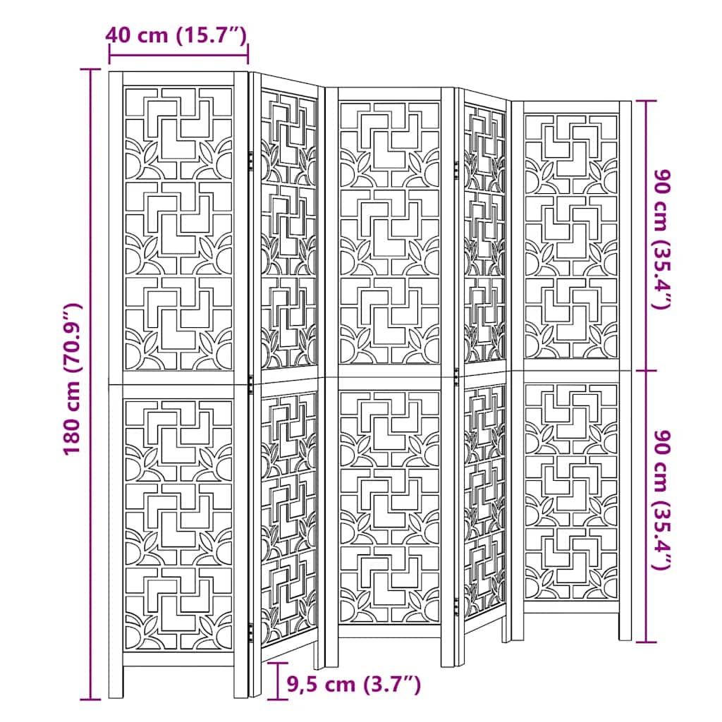 5-Panel Brown Solid Wood Paulownia Room Divider
