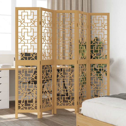 5-Panel Brown Solid Wood Paulownia Room Divider