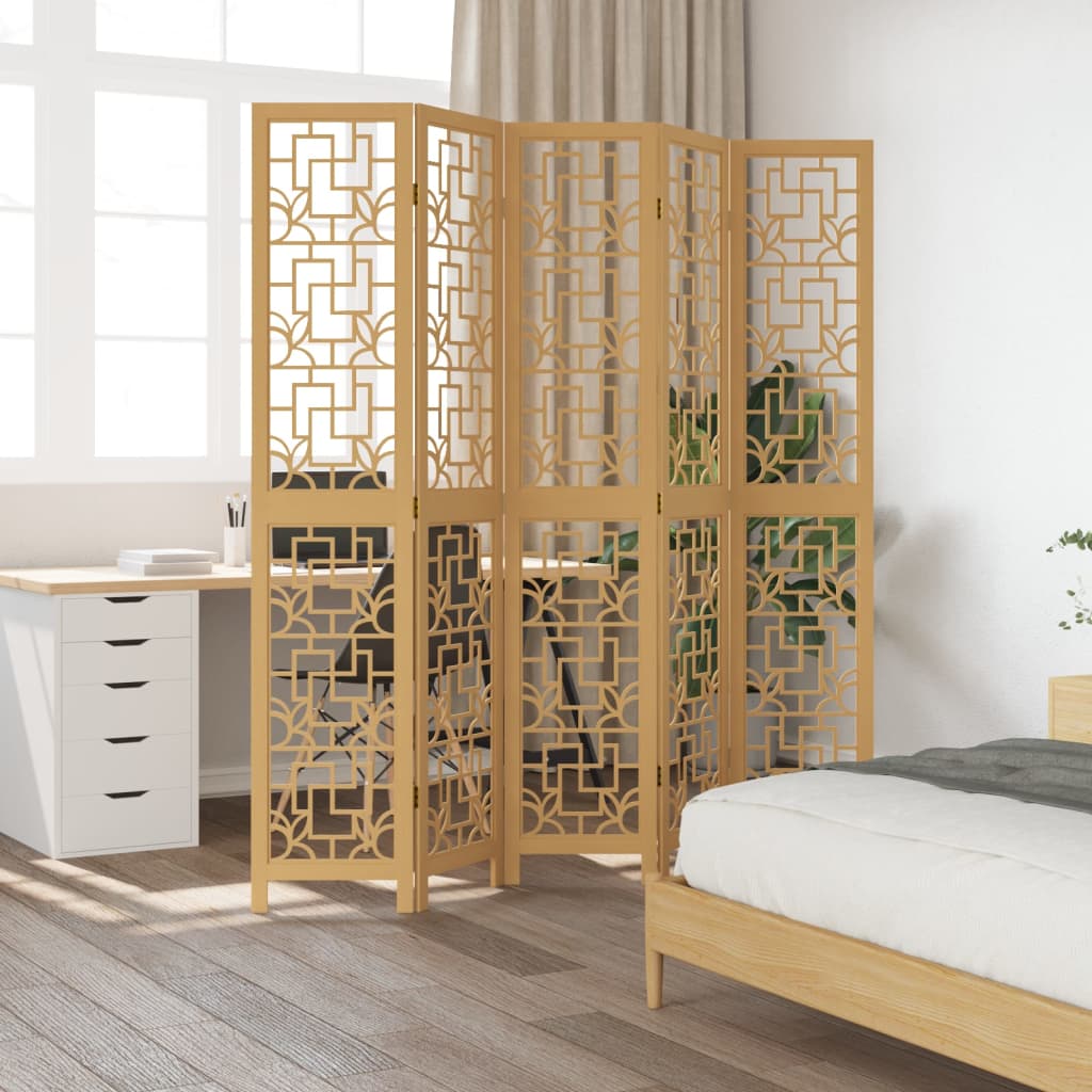 5-Panel Room Divider in Brown Solid Wood Paulownia