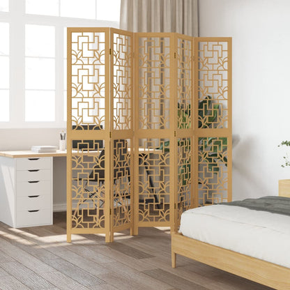 5-Panel Room Divider in Brown Solid Wood Paulownia