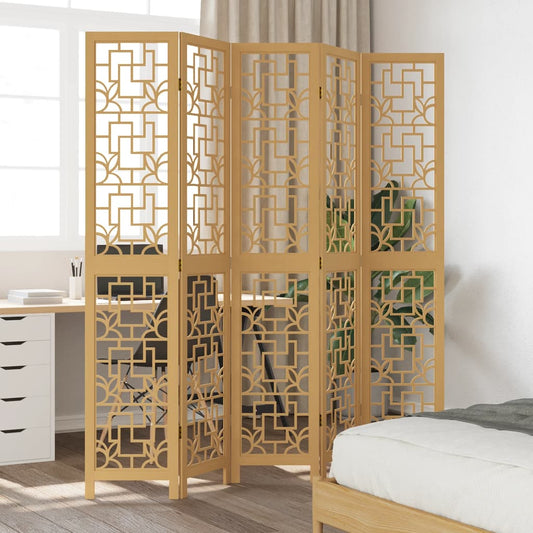 5-Panel Room Divider in Brown Solid Wood Paulownia
