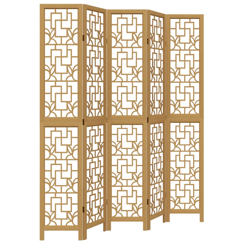 5-Panel Brown Solid Wood Room Divider - Paulownia Privacy Screen
