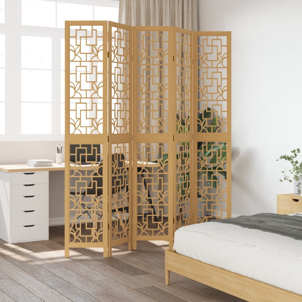 5-Panel Brown Solid Wood Room Divider - Paulownia Privacy Screen