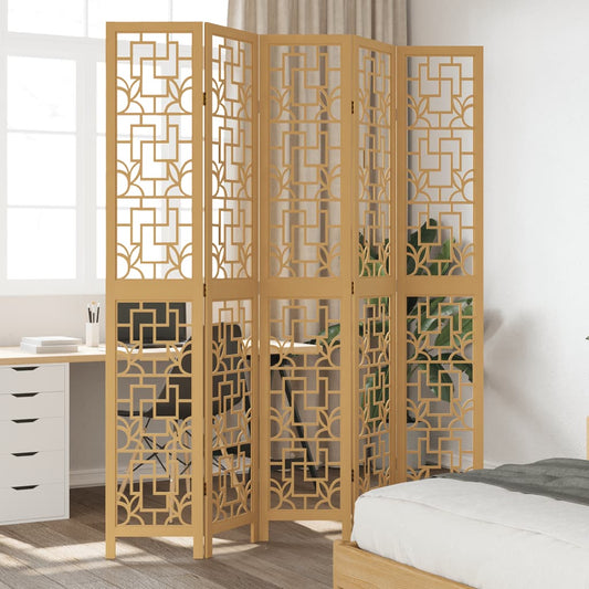 5-Panel Brown Solid Wood Room Divider - Paulownia Privacy Screen