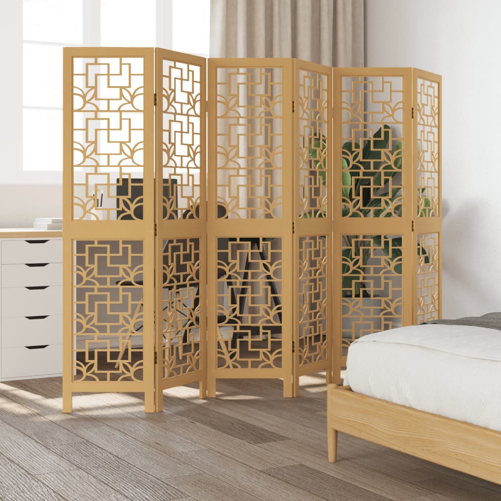 6-Panel Room Divider in Brown Solid Paulownia Wood