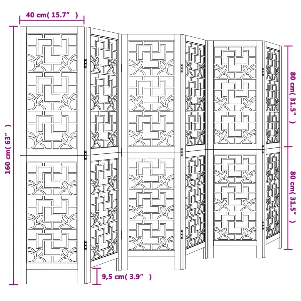 6-Panel Room Divider in Brown Solid Paulownia Wood