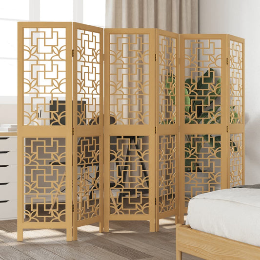 6-Panel Room Divider in Brown Solid Paulownia Wood