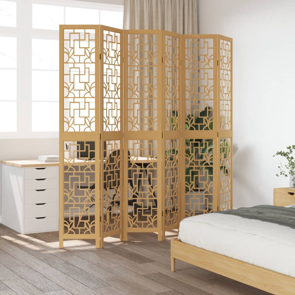 6-Panel Wood Room Divider in Brown - Solid Paulownia Wood