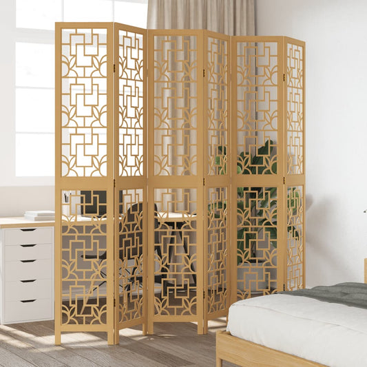 6-Panel Wood Room Divider in Brown - Solid Paulownia Wood