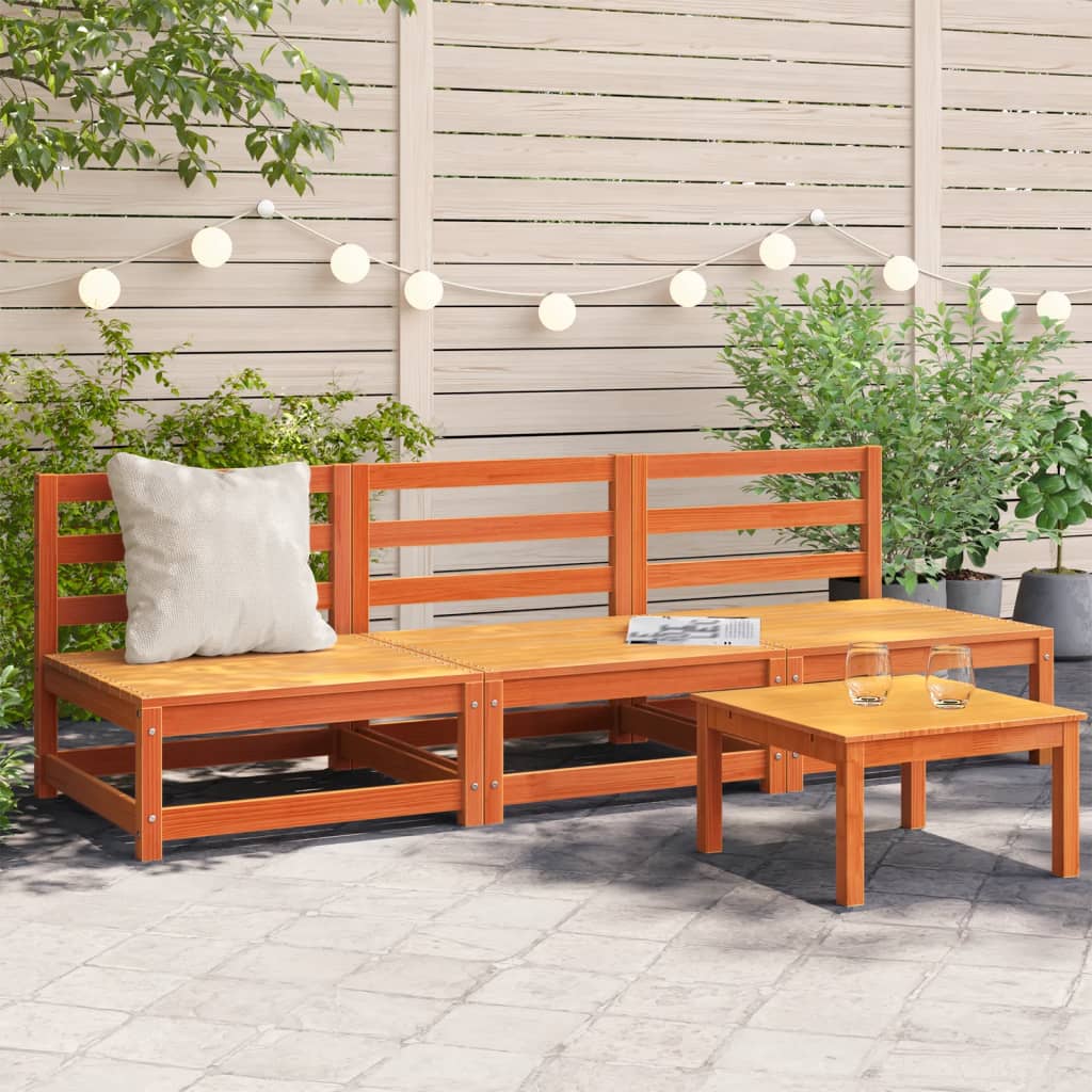 Armless 3-Piece Garden Sofa Set, Solid Pine Wood, Wax Brown