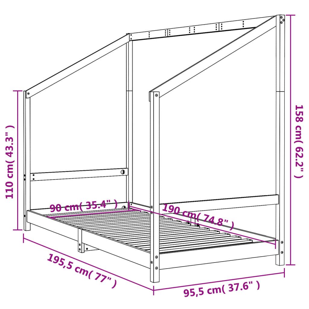 White Solid Pine Kids Bed Frame - 90x190 cm Durable Design